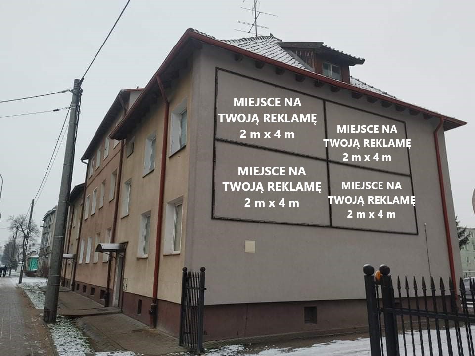 Lokalizacja powierzchni reklamowej na boku budynku mieszkalnego przy ul. Warszawskiej 12